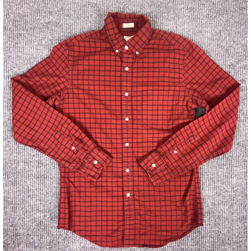 J Crew Oxford Button Down Shirt Mens Small Red Blue Check Slim Fit Preppy